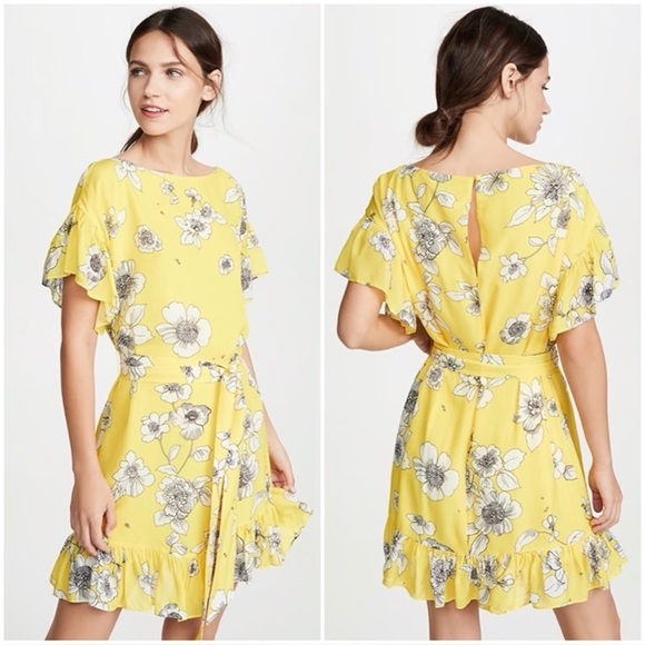 NWT Alice + Olivia Ellamae Flutter-Sleeve Floral Dress Yellow Size Small